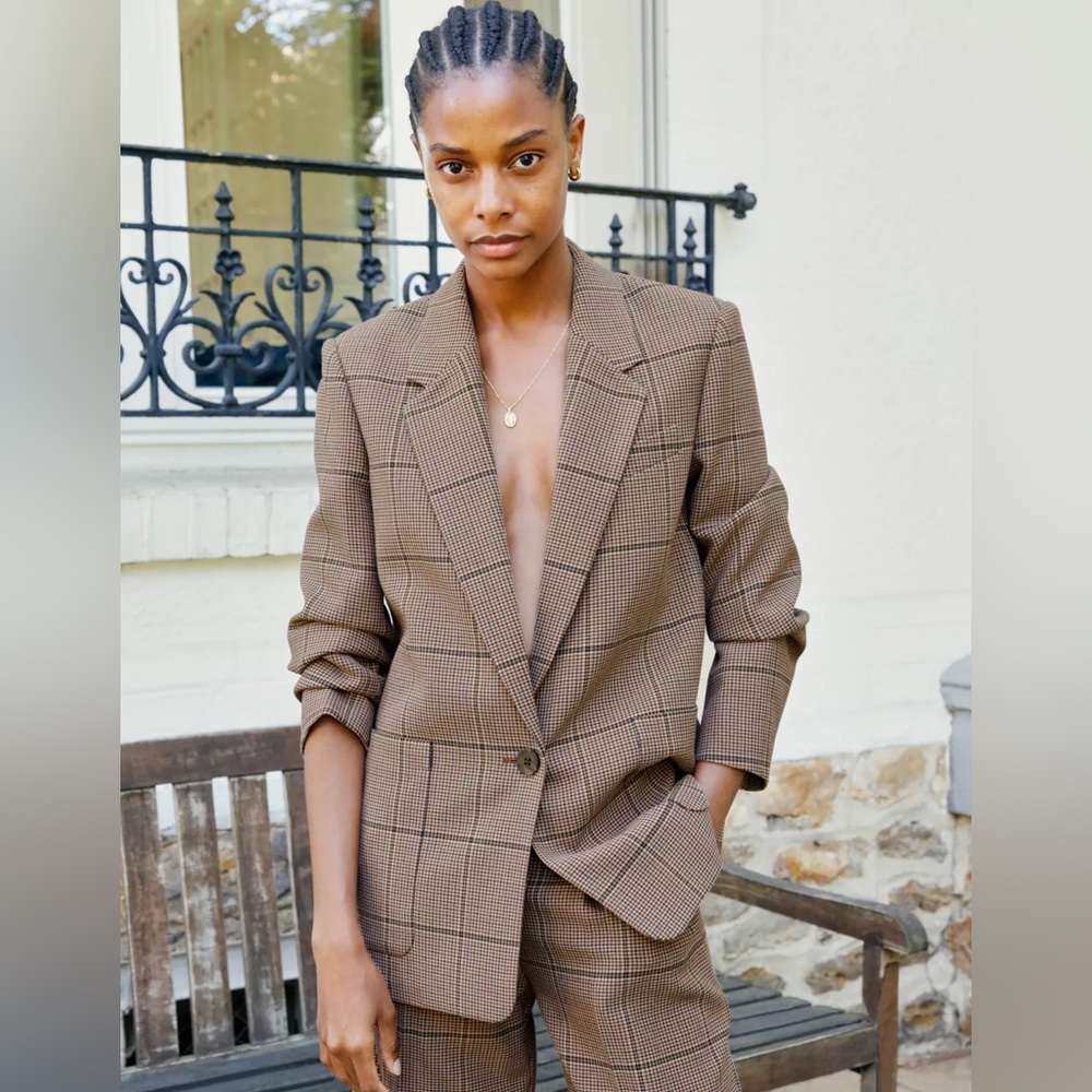 Aritzia Wilfred Mariposa Blazer in Copper/Navy Houndstooth